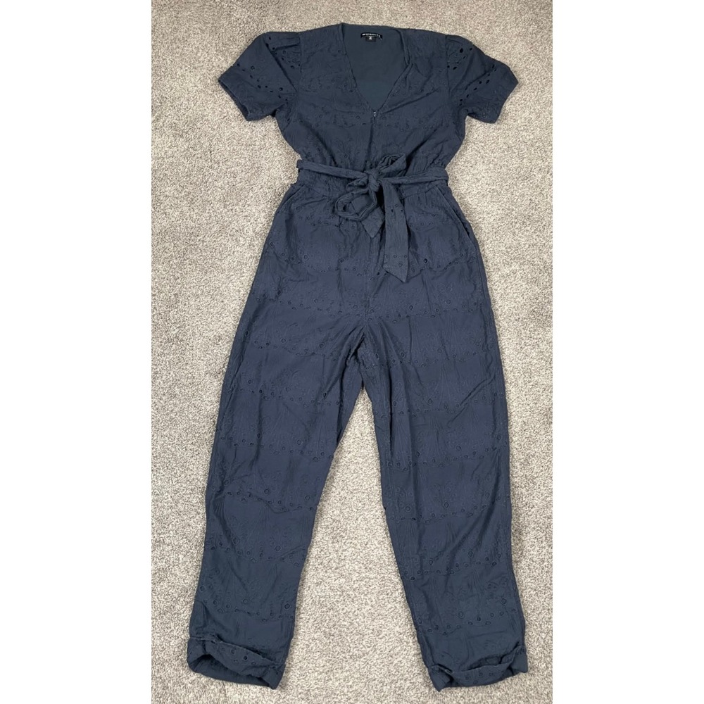 Whistles Jumpsuit Womens 4 Navy Blue Eyelet Lace Jogger Preppy Belted Cottage
